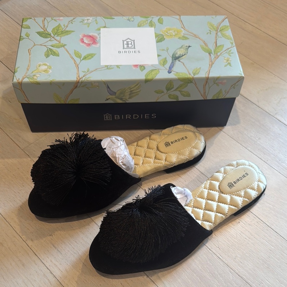 Birdies Black Plush Slippers Open Back Design